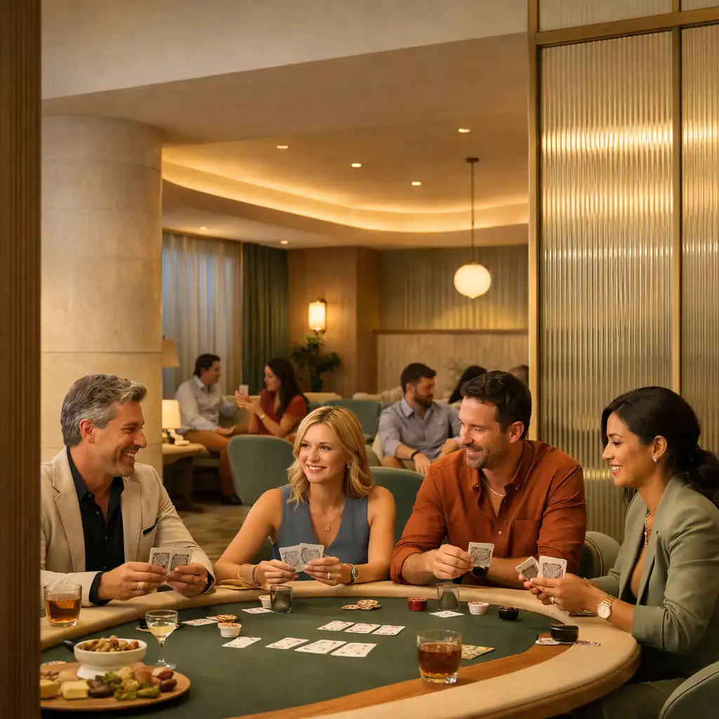 Vendégek beszélgetnek egy valódi pokerasztal körül a MealGardenn Card Lounge-ban
