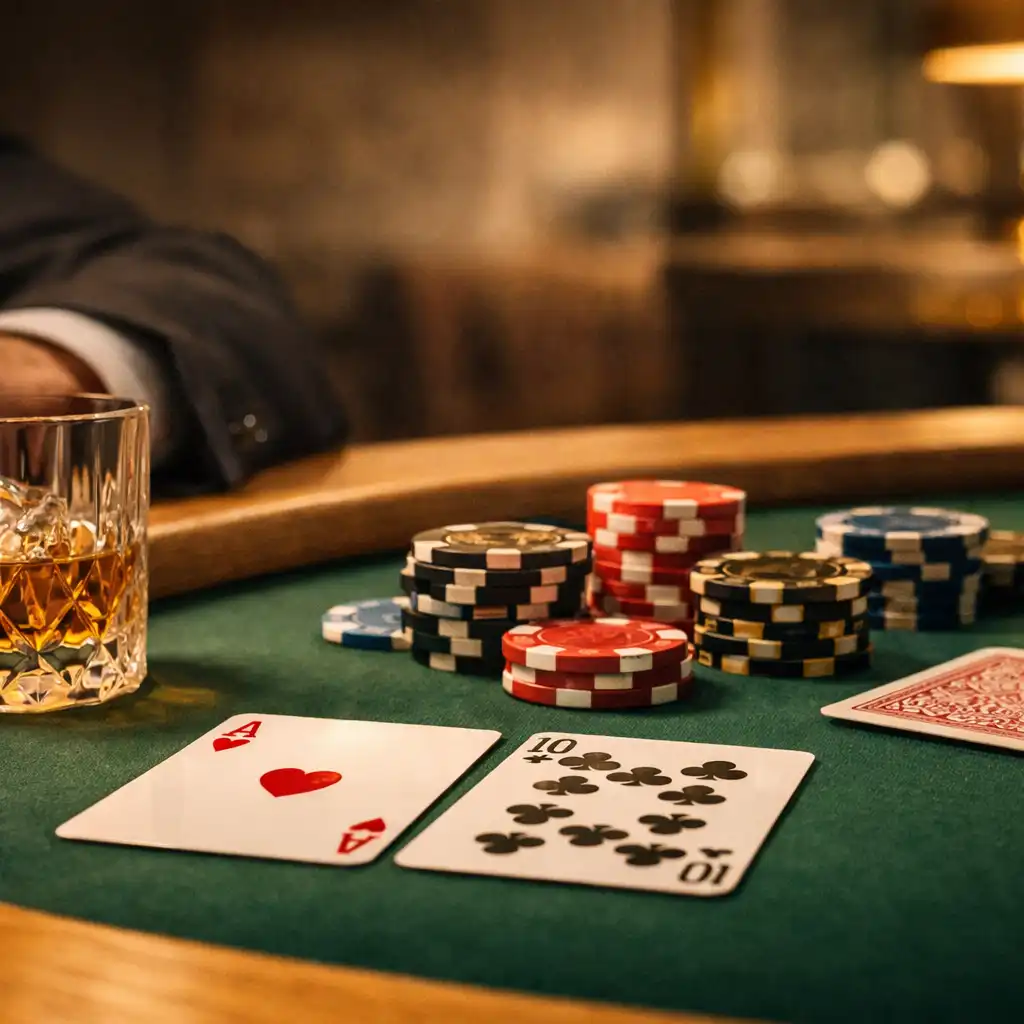 Fa peremű Classic Table filccel, kártyákkal és pohárral