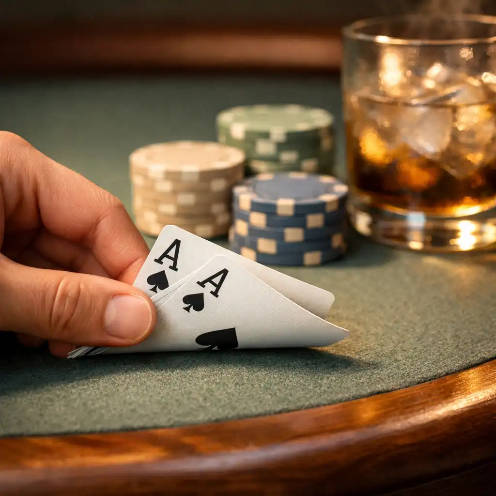 Kéz fizikai kártyákat emel puha filcű pokerasztalon