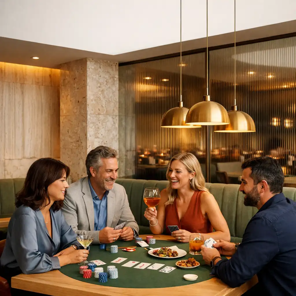 Vendégek egy világos Card Lounge fizikai pokerasztalánál, közös ételekkel és koktélokkal