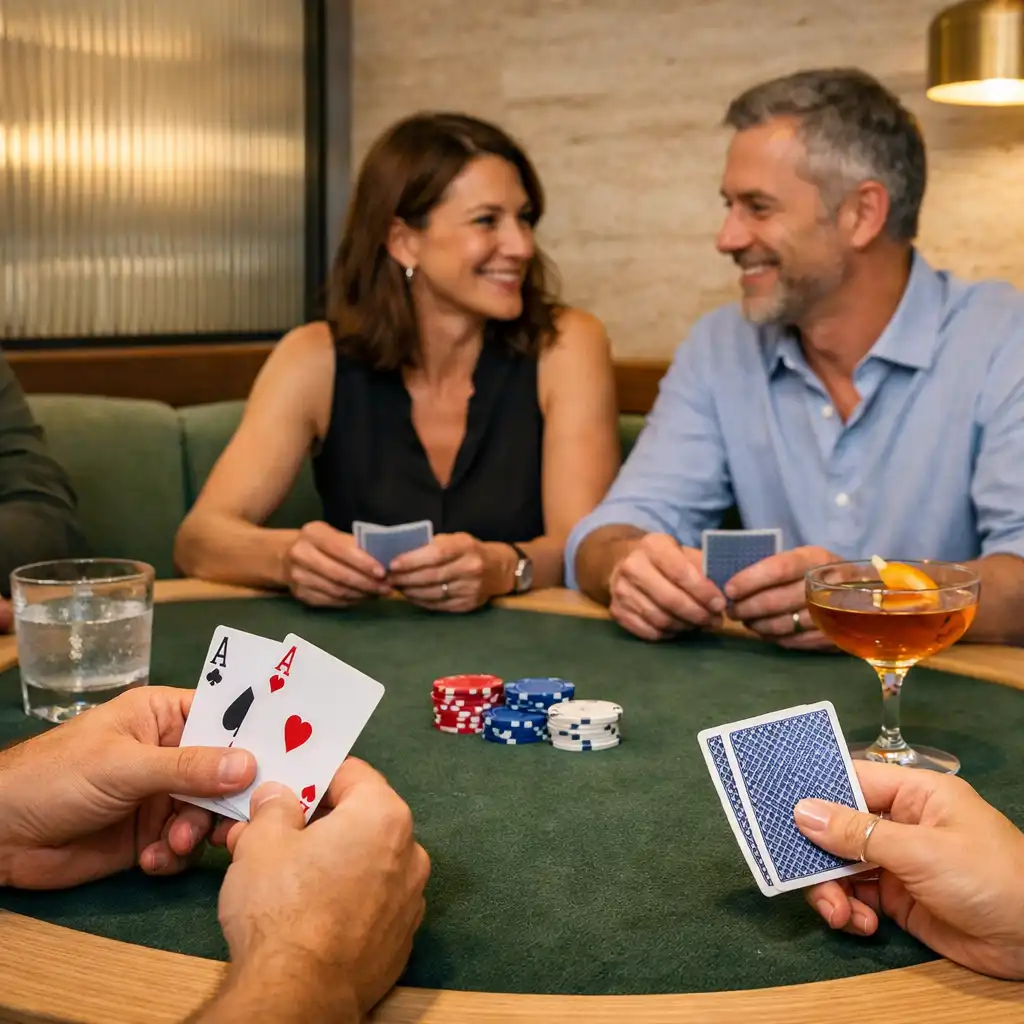 Vendégek kezei valódi pokerasztalnál, kártyákkal, itallal és nyugodt Card Lounge háttérrel