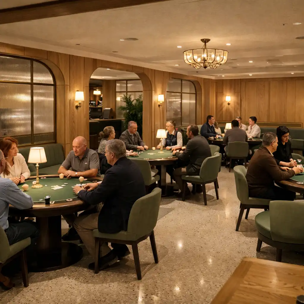 A MealGardenn Card Room belső tere több valódi kártyaasztallal és beszélgető vendégekkel.