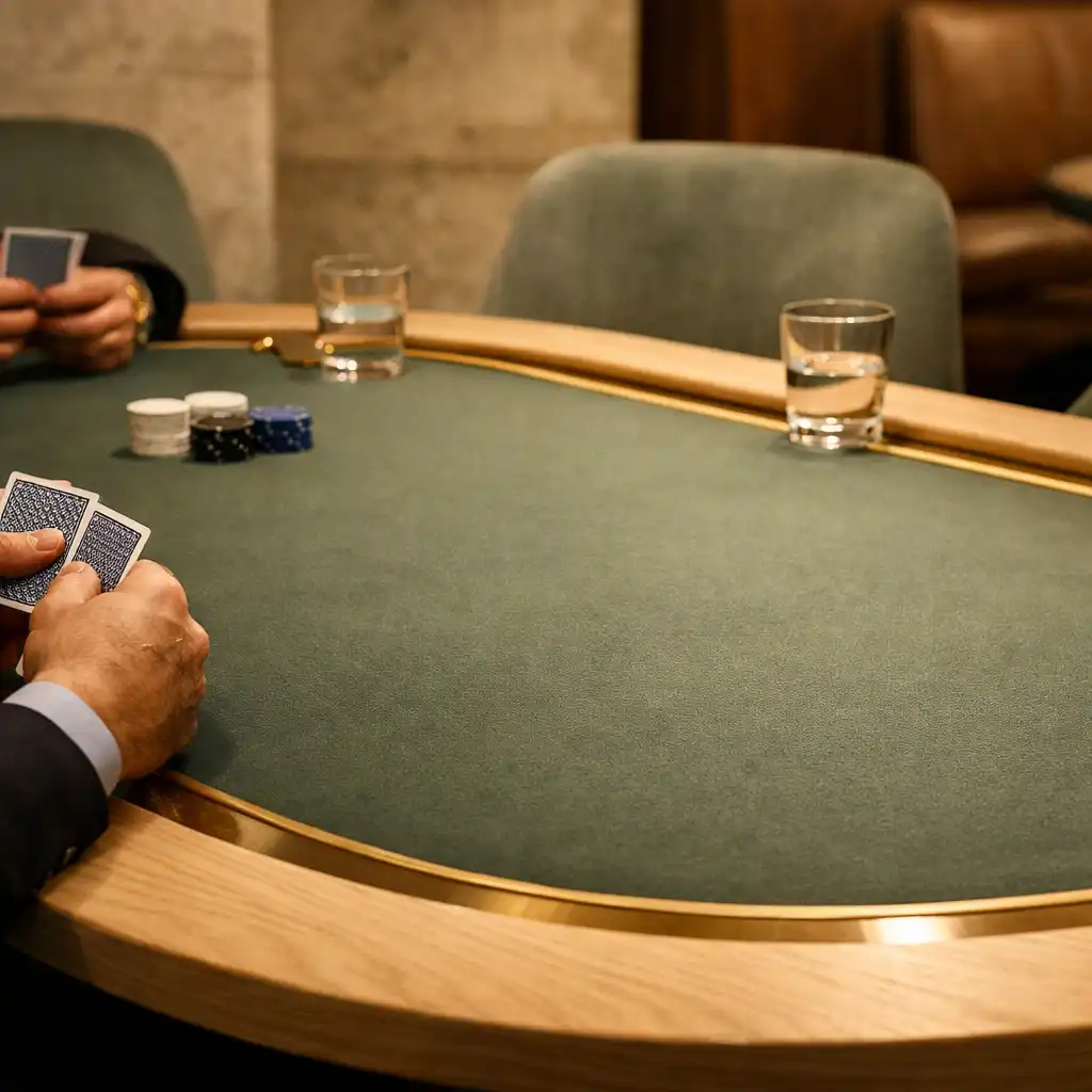 Kezeikben fizikai kártyákat tartó vendégek egy valódi pokerasztal körül.