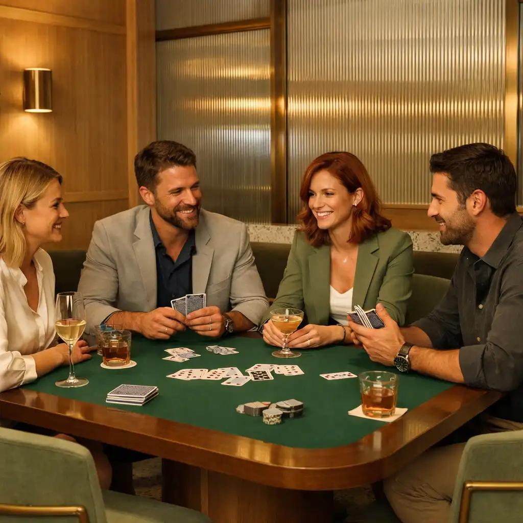 Meleg esti fényű Card Room valódi kártyaasztallal és beszélgető vendégekkel