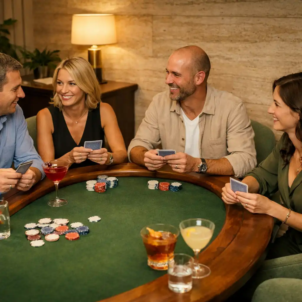 Vendégek valódi kártyákkal játszanak egy élő offline pokerasztalnál a Card Lounge-ban