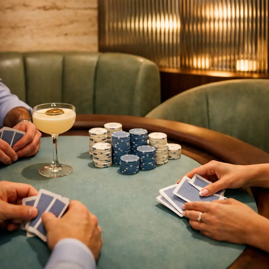 Vendégek kezei valódi kártyákkal egy MealGardenn pokerasztalnál