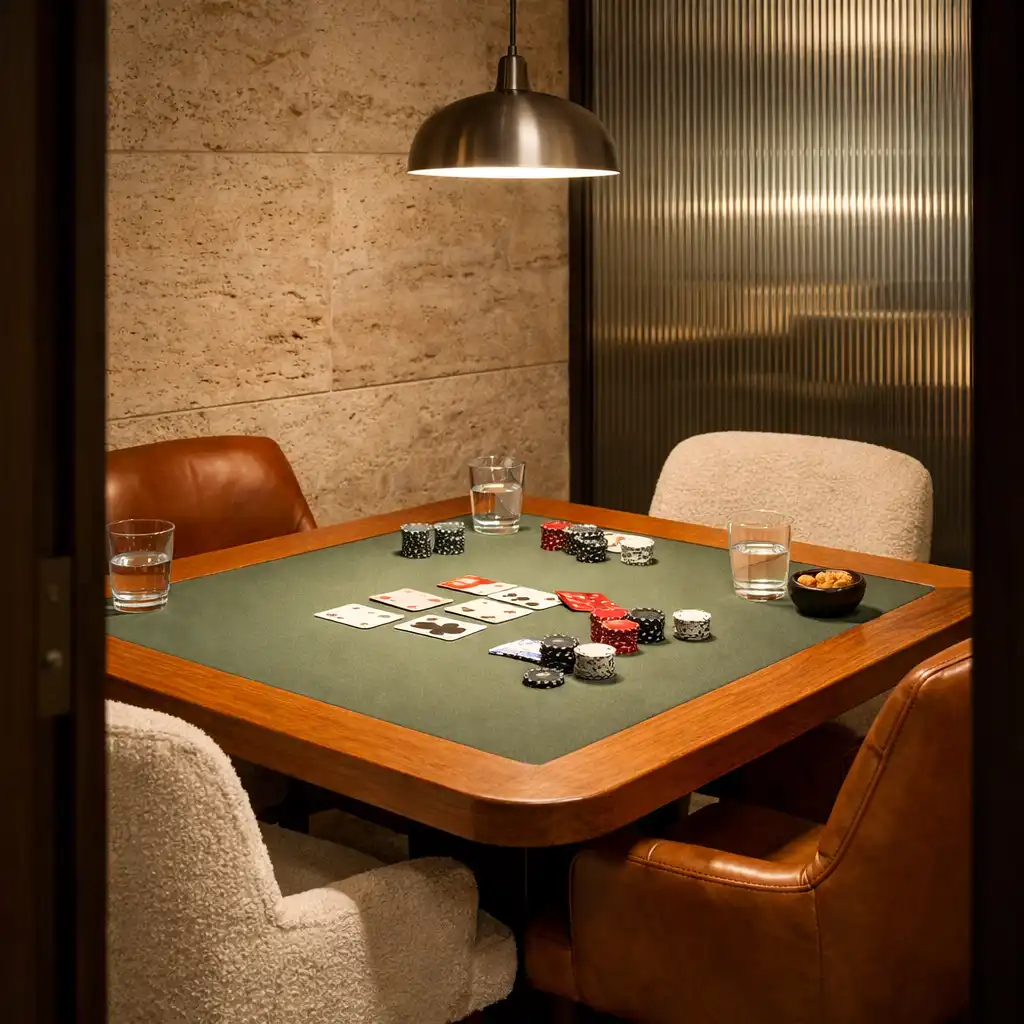 Meleg fényű, intim Private Table egy privát card roomban