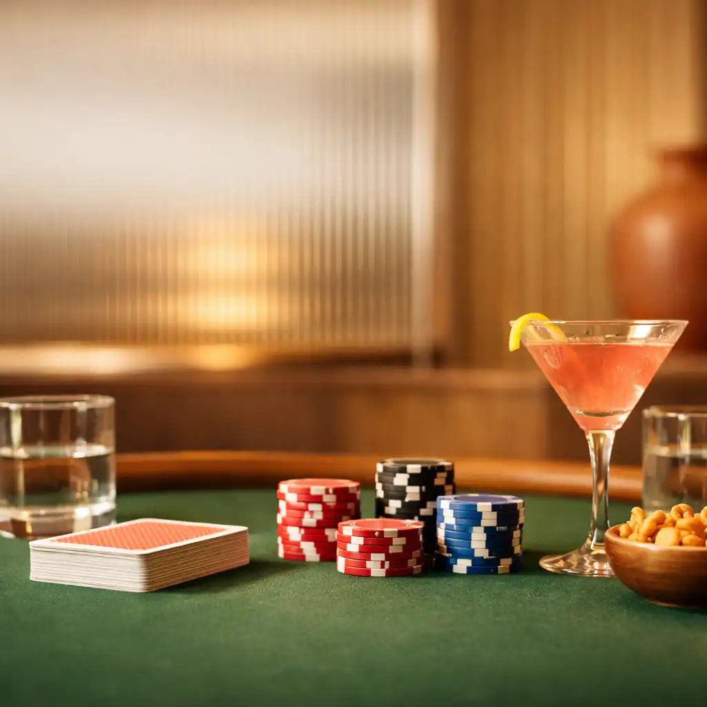Előkészített zöld filces pokerasztal italokkal, kártyákkal és apró falatokkal.