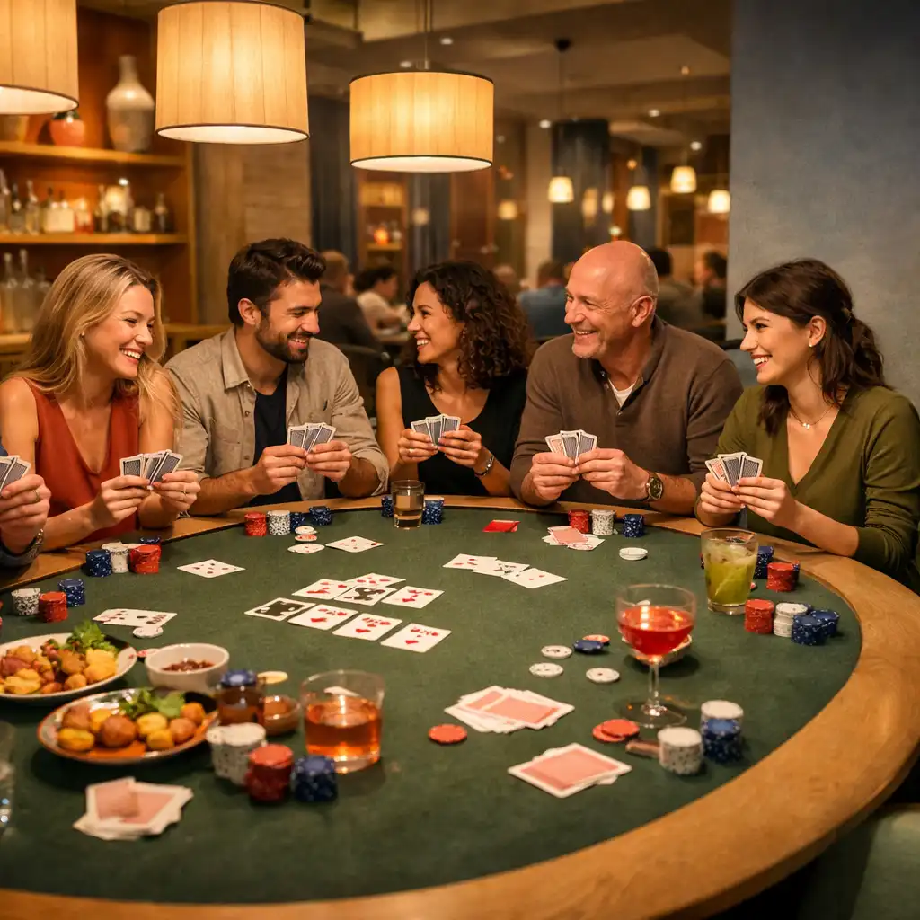 Baráti társaság közös fogásokkal és kártyákkal a Social Table körül